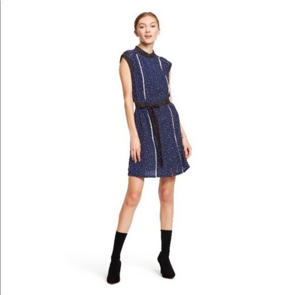EUC Jason Wu Button Down Belted Mini Dress Polka-dot, Navy Blue Black Collar, M